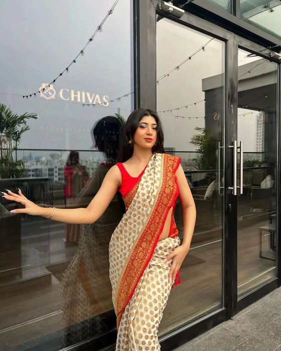 Khaddi Georgette Banarasi Handloom Saree - Antique Zari