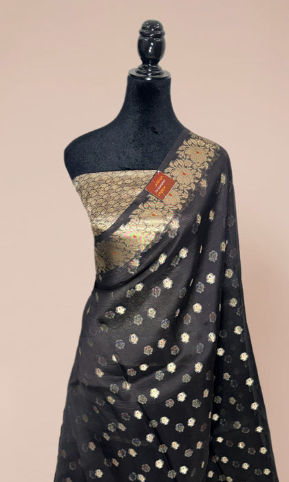 Black Pure Kora Banarasi Handloom Saree - Meenakari Motifs