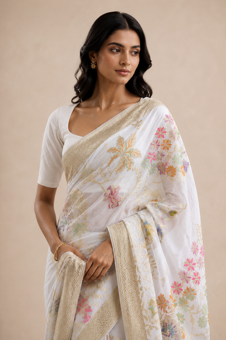 White Khaddi Georgette Banarasi Handloom Saree - Designer Meenakari Jaal