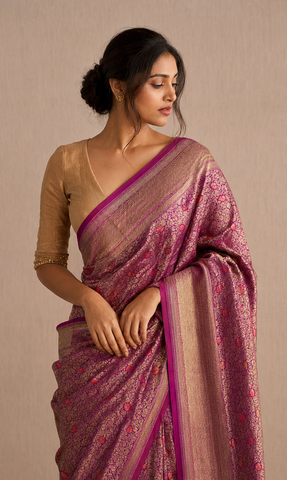 Magenta Pure Katan Banarasi Handloom Saree - Meenakari Brocade Work