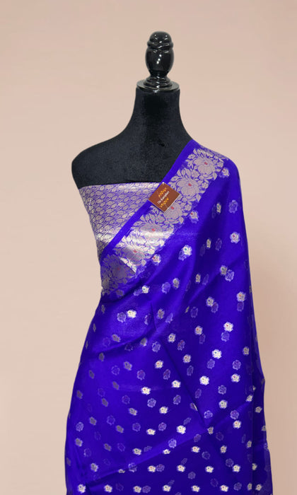 Blue Pure Kora Banarasi Handloom Saree - Meenakari Motifs