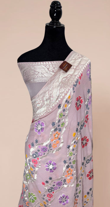 Light lavender Khaddi Georgette Banarasi Handloom Saree - Meenakari