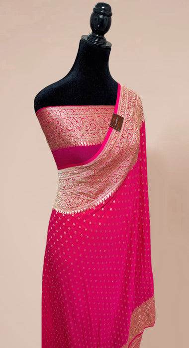 Hot Pink Khaddi Georgette Banarasi Handloom Saree - Water Zari