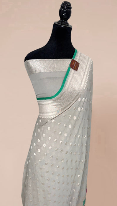 Gray Khaddi Georgette Banarasi Handloom Saree - Hand Filled Meenakari