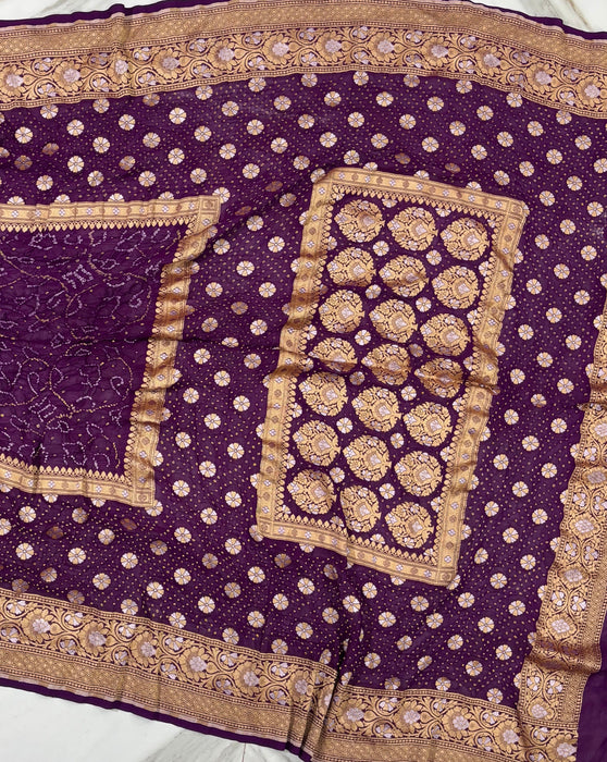 Handwoven Wine Pure Georgette Bandhani Banarasi Saree - All over Bandhani Work