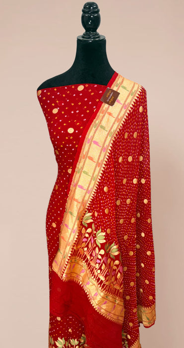 Red Pure Khaddi Georgette Banarasi Bandhani Suit - Meenakari