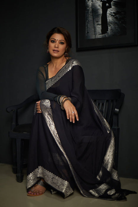 Black Pure Kadhwa Chiffon Georgette Banarasi Saree - Silver Zari
