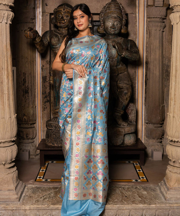 Glacier Pure Katan Banarasi Handloom Saree - Meenakari Jaal Work