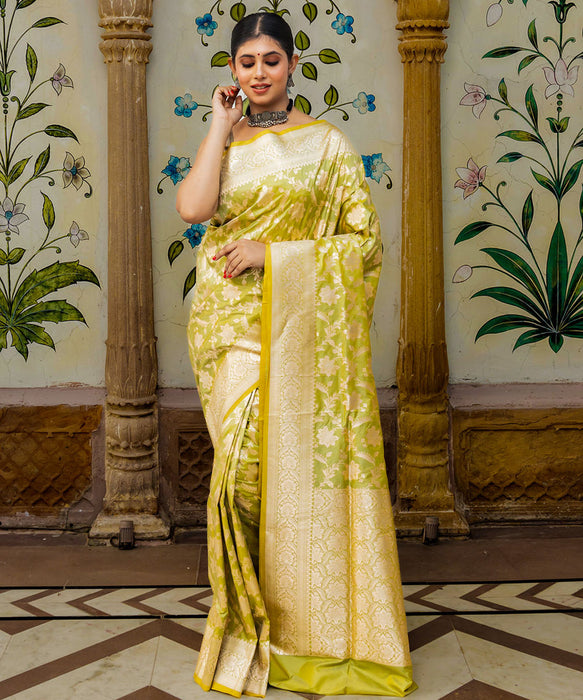 Yellow Pure Katan Banarasi Handloom Saree - Sona Jaal Work