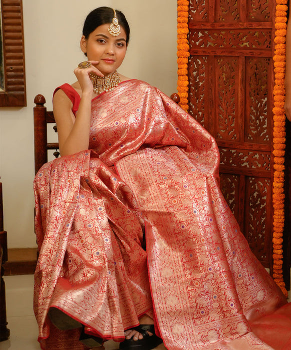 Blood Red Pure Katan Banarasi Handloom Saree - Meenakari brocade Work