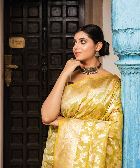 Yellow Pure Katan Banarasi Handloom Saree - Sona Jaal Work