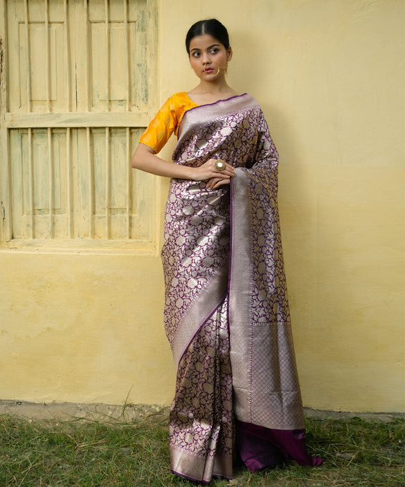 Magenta Pure Katan Banarasi Handloom Saree - Sona Jaal Work