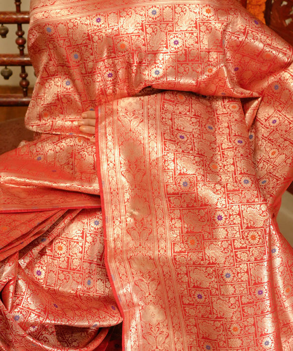 Blood Red Pure Katan Banarasi Handloom Saree - Meenakari brocade Work