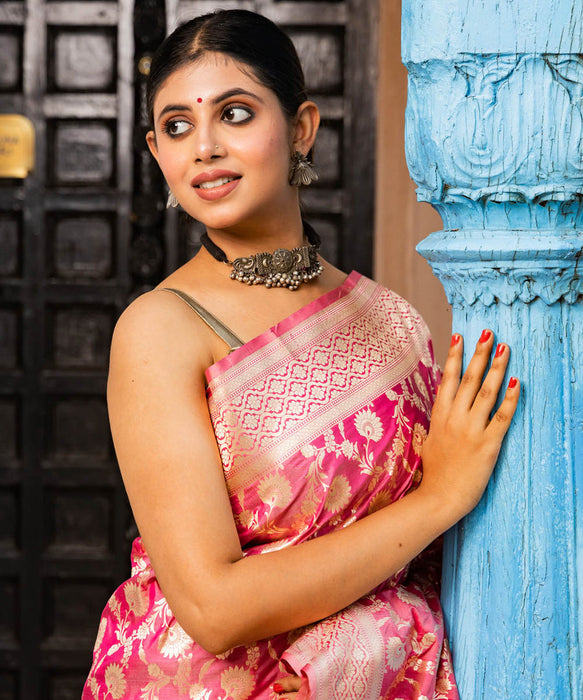 Pink Pure Katan Banarasi Handloom Saree - Sona Jaal Work