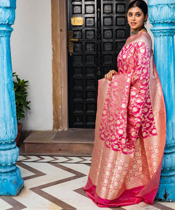 Pink Pure Katan Banarasi Handloom Saree - Sona Jaal Work
