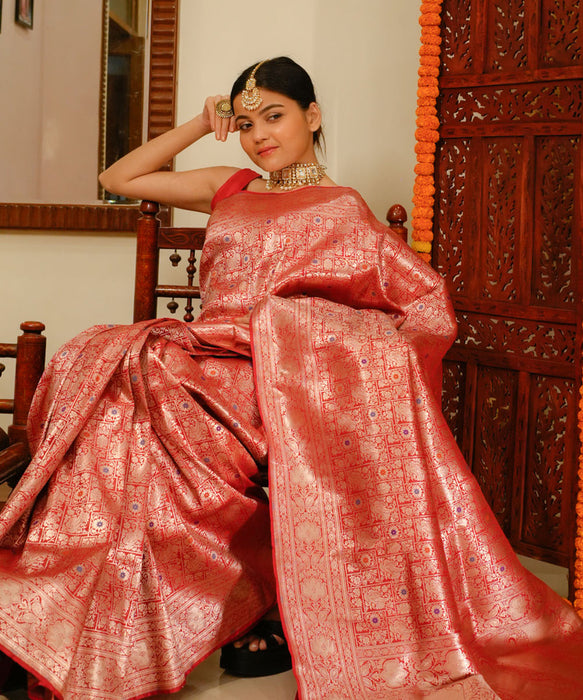 Blood Red Pure Katan Banarasi Handloom Saree - Meenakari brocade Work