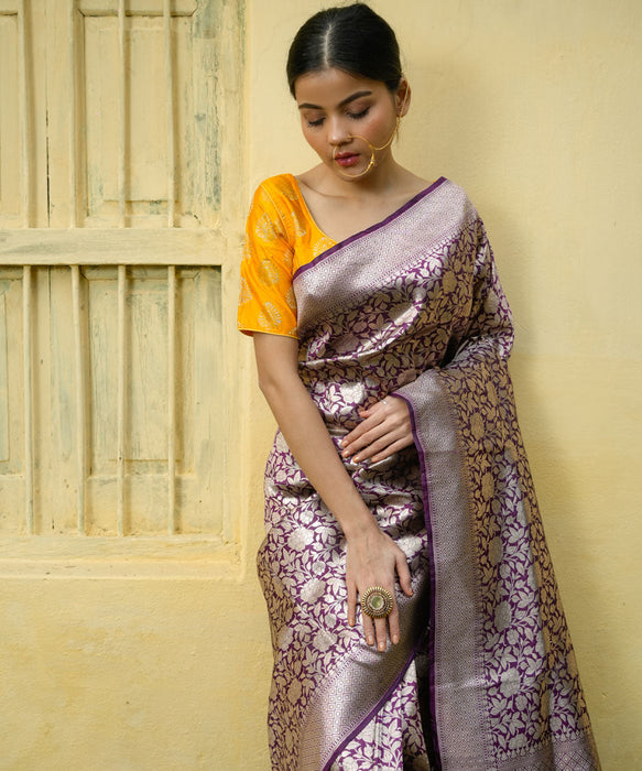 Magenta Pure Katan Banarasi Handloom Saree - Sona Jaal Work