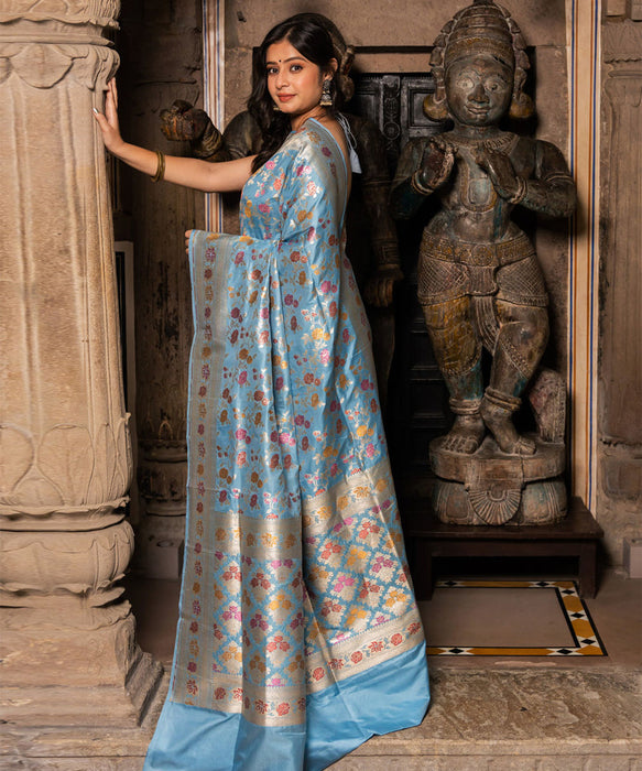 Glacier Pure Katan Banarasi Handloom Saree - Meenakari Jaal Work