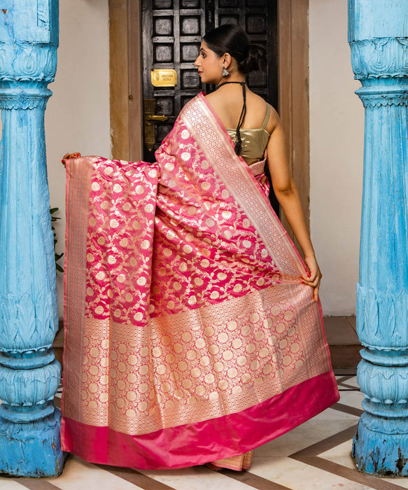 Pink Pure Katan Banarasi Handloom Saree - Sona Jaal Work