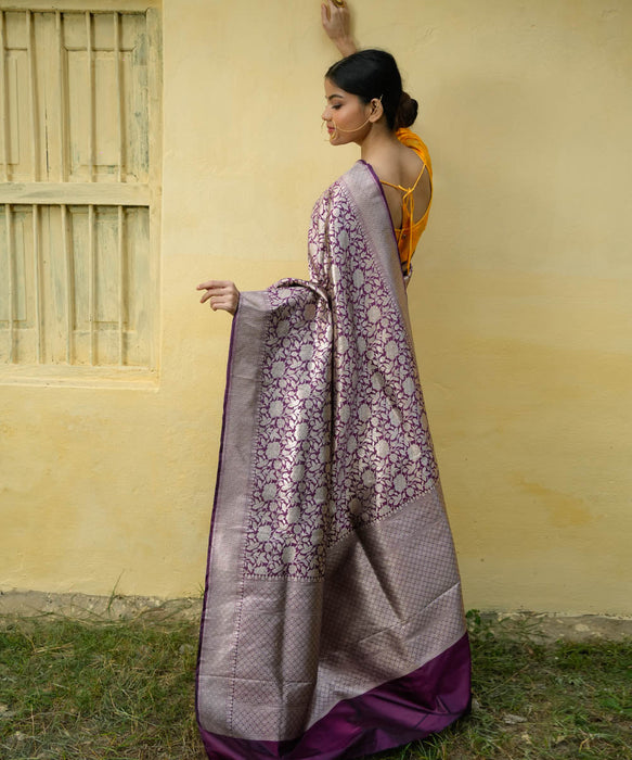Magenta Pure Katan Banarasi Handloom Saree - Sona Jaal Work