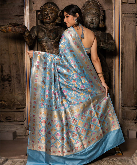 Glacier Pure Katan Banarasi Handloom Saree - Meenakari Jaal Work