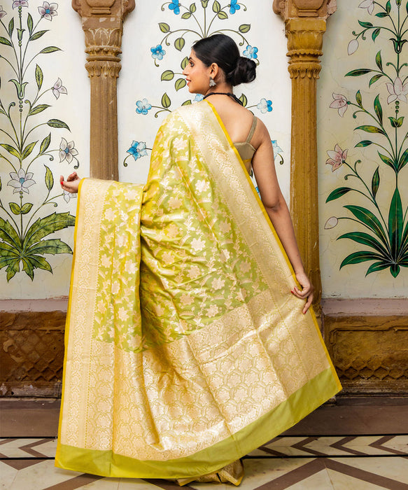 Yellow Pure Katan Banarasi Handloom Saree - Sona Jaal Work