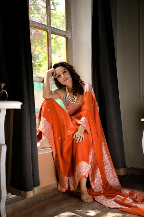 Persian Orange Pure Kadhwa Chiffon Georgette Banarasi Saree