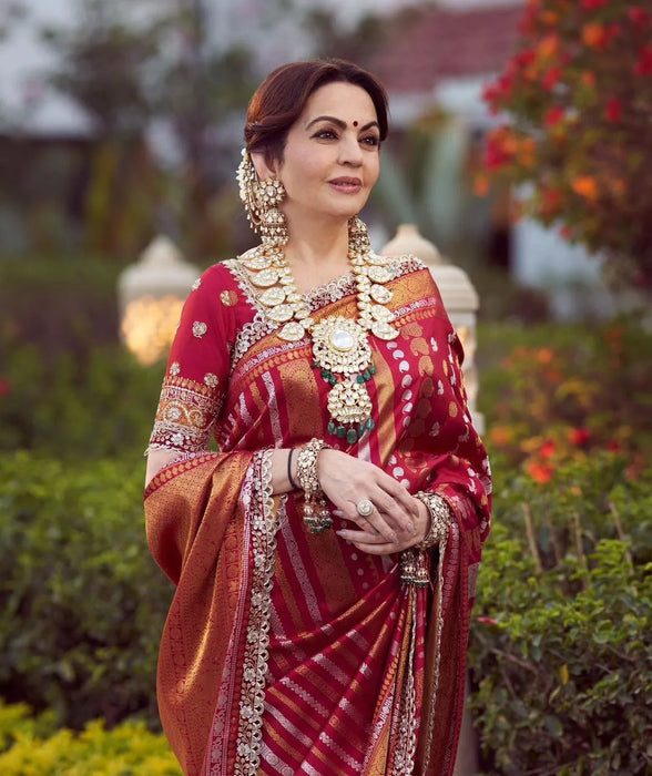 Nita Ambani Red Katan Banarasi Handloom Saree - Kadiyal Sona Roopa Meenakari