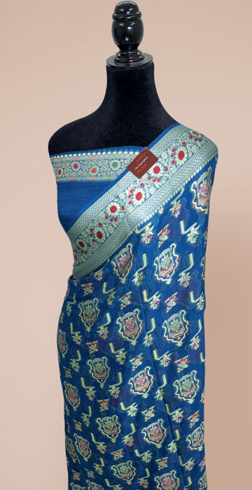 German Blue Pure Khaddi Chiffon Banarasi Saree - Meenakari Work