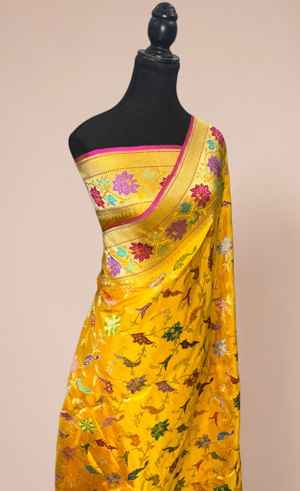 Yellow Ektara Pure Katan Silk Banarasi Handloom Saree - Kadhiyal Jangla with Tested Zari