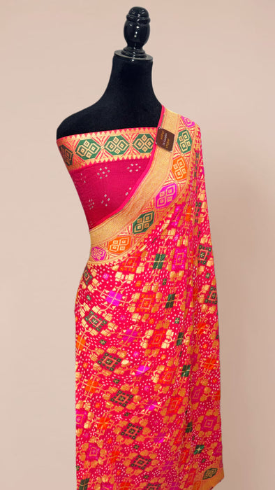 Handwoven Pure Georgette Bandhani Banarasi Saree - Meenakari Work