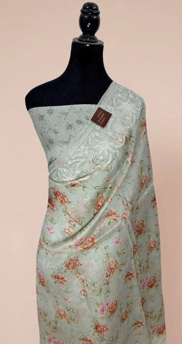 Gray Pure Organza Banarasi Handloom Saree - Chikankari with Digital Print