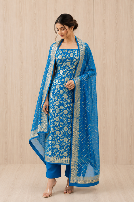 Blue Pure Khaddi Georgette Banarasi Suit