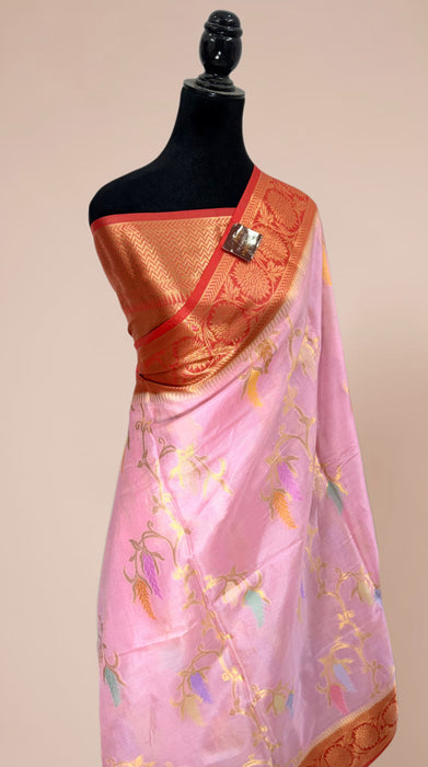 Pink Desi Tussar Banarasi Handloom Saree - Meenakari Jaal