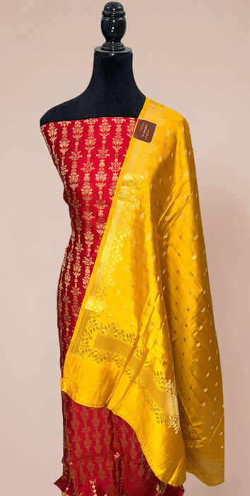 Red and Yellow Pure Chiniya Silk Banarasi Suit