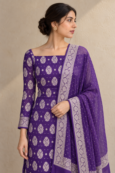 Purple Pure Khaddi Georgette Banarasi Suit