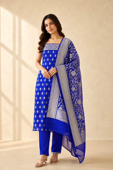 Royal Blue Pure Khaddi Georgette Banarasi Suit