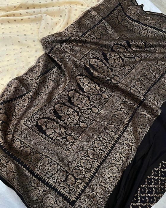 Cream Pure Khaddi Crepe Banarasi Handloom Saree