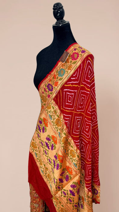 Red Pure Georgette Bandhani Banarasi Handloom Dupatta