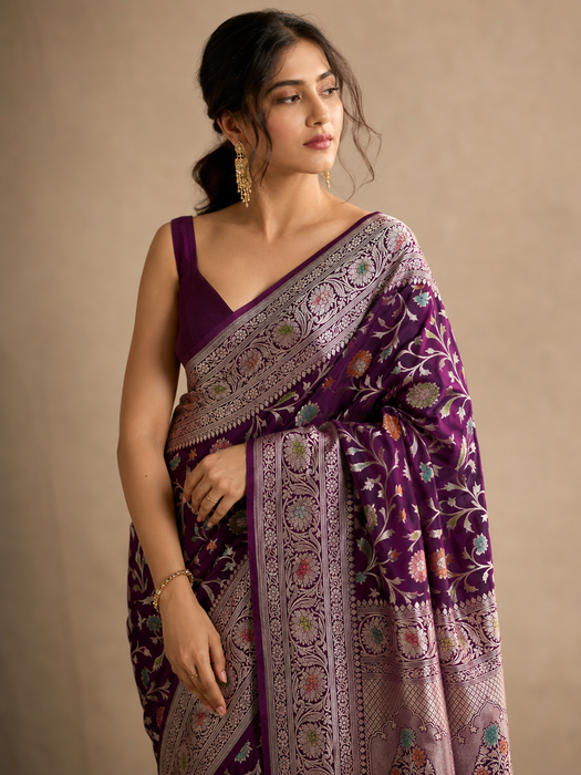 Deep Magenta Pure Katan Banarasi Handloom Saree - Handfilled Meenakari