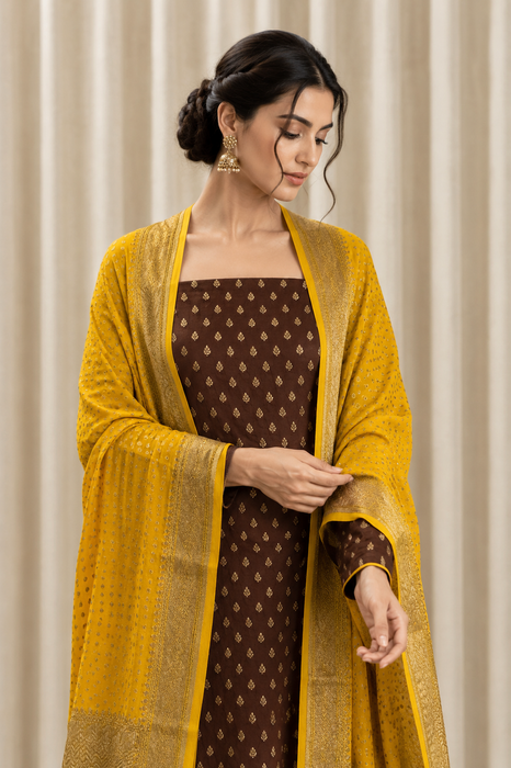 Dark Brown Pure Khaddi Georgette Banarasi Suit