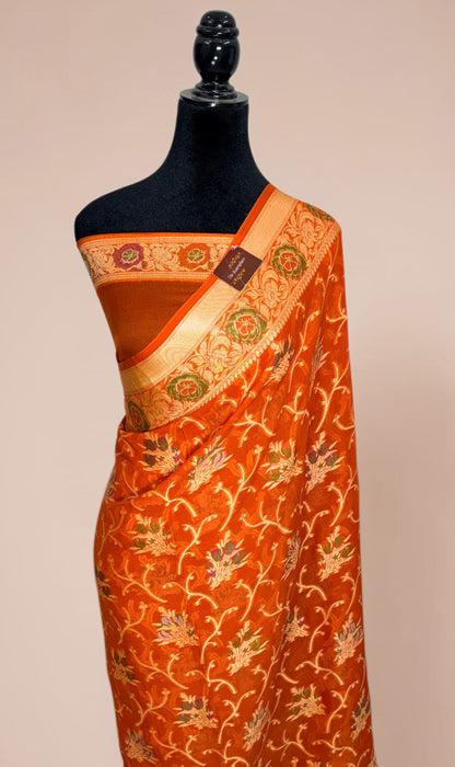 Orange Pure Khaddi Chiffon Banarasi Saree
