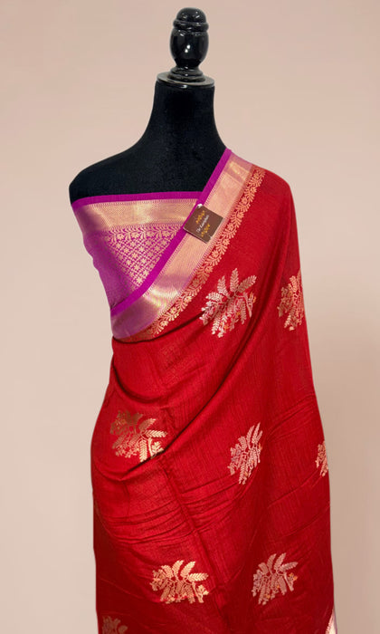 Red and Rani Pure Moonga Banarasi Handloom Saree - Designer Saree