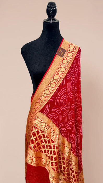 Red Pure Georgette Bandhani Banarasi Handloom Dupatta