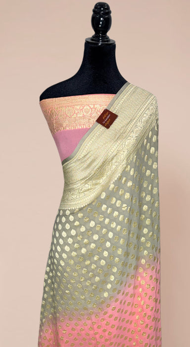 Pink and Gray Khaddi Georgette Banarasi Handloom Saree - Water Zari