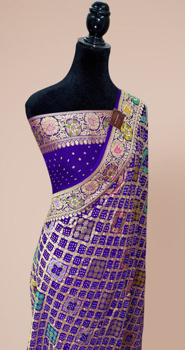 Handwoven Purple Pure Georgette Bandhani Banarasi Saree - Meenakari Work