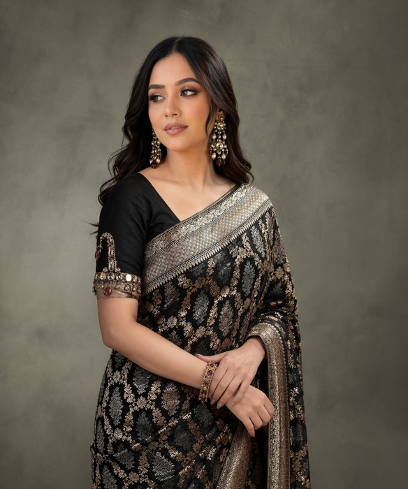 Black Katan Banarasi Handloom Saree - Sona Roopa Jaal