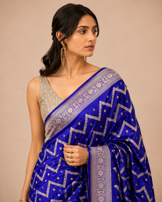 Blue Pure Katan Banarasi Handloom Saree - Meenakari Work