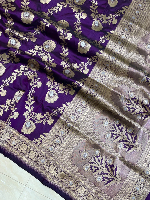 Purple Pure Katan Banarasi Handloom Saree - Sona Roopa Jaal Work