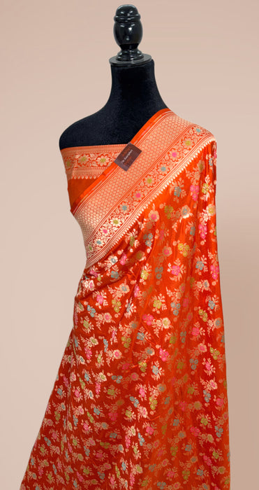 Orange Pure Katan Banarasi Handloom Saree - Meenakari Jaal Work